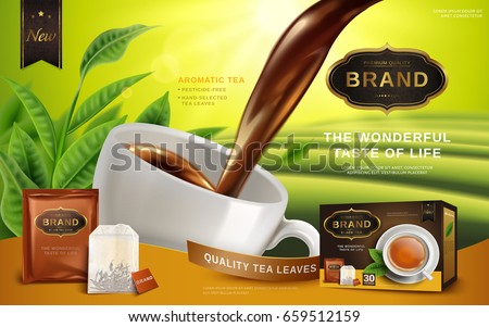 black tea ad, with tea leaves and package box, 3d illustration black tea ad, with tea leaves and package box, 3d illustration