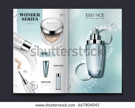 light blue cosmetic brochure design with helical structure and water drops, can also be used on catalogs or magazines, 3d illustration light blue cosmetic brochure design with helical structure and water drops, can also be used on catalogs or magazines, 3d illustration