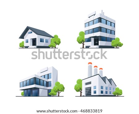 Four vector buildings illustrations in perspective view with green trees in cartoon style. Family house, work office and factory building. Four vector buildings illustrations in perspective view with green trees in cartoon style. Family house, work office and factory building.