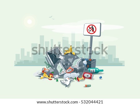 Vector illustration of littering waste pile disposed on the street exterior with city skyscrapers skyline in the background. Trash is fallen on the ground and creates a big stack, cartoon style. Vector illustration of littering waste pile disposed on the street exterior with city skyscrapers skyline in the background. Trash is fallen on the ground and creates a big stack, cartoon style.