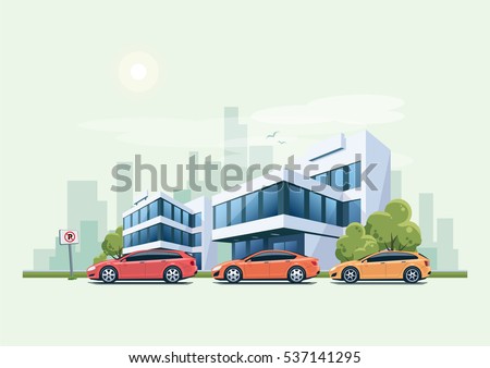 Vector illustration of modern business office building with green trees and cars parking in front of the workplace in cartoon style. Vehicles parked on wrong place with no parking sign. Vector illustration of modern business office building with green trees and cars parking in front of the workplace in cartoon style. Vehicles parked on wrong place with no parking sign.