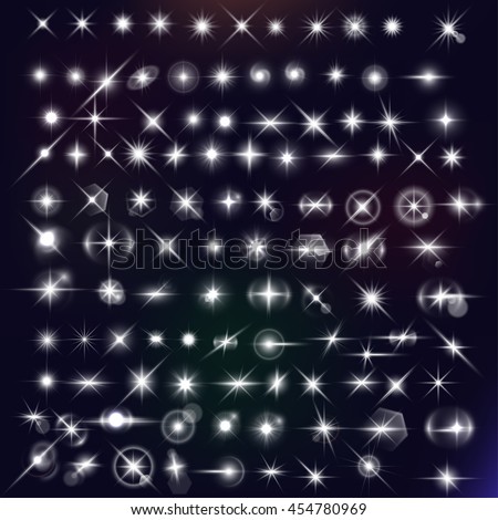 Vector stars mega set. White flares effect on dark background. Release clipping mask for work. - stock vector Vector stars mega set. White flares effect on dark background. Release clipping mask for work. - stock vector