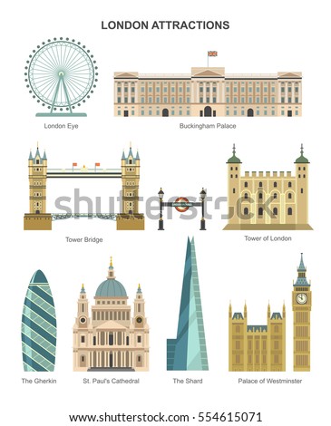London architecture. Vector collection of London attractions, such as London Eye, Tower of London, The Shard, Buckingham Palace, Tower Bridge. Isolated on white. London architecture. Vector collection of London attractions, such as London Eye, Tower of London, The Shard, Buckingham Palace, Tower Bridge. Isolated on white.