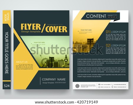 Flyers design template vector.Brochure report business magazine poster template.Cover book portfolio presentation and abstract yellow shape poster design.City design on brochure background.A4 layout. - stock vector Flyers design template vector.Brochure report business magazine poster template.Cover book portfolio presentation and abstract yellow shape poster design.City design on brochure background.A4 layout. - stock vector