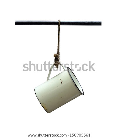 Old  photo On An  String Isolation A safe Hanging aluminum Tin cups Camping stock  Cup old Of