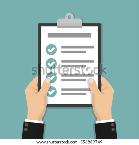 Businessman hands holding clipboard checklist in a flat design