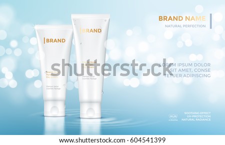 Vector design of cosmetic package advertising template for hand or face cream. Mock up tube on premium blue glitter background with bokeh. Vector design of cosmetic package advertising template for hand or face cream. Mock up tube on premium blue glitter background with bokeh.