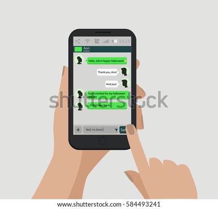 Hands holding smart phone. Social network concept. Vector. Messenger window. Chating and messaging concept. Hands holding smart phone. Social network concept. Vector. Messenger window. Chating and messaging concept.