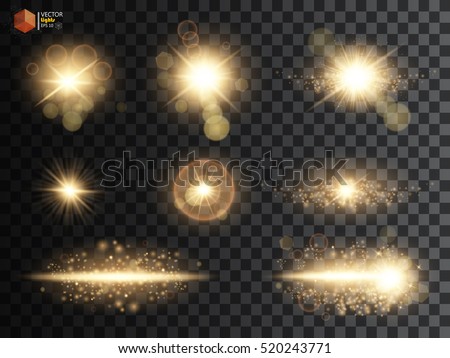 Set. Shining star, the sun particles and sparks with a highlight effect, golden bokeh lights glitter and sequins. On a dark background transparent. Vector, EPS10 Set. Shining star, the sun particles and sparks with a highlight effect, golden bokeh lights glitter and sequins. On a dark background transparent. Vector, EPS10