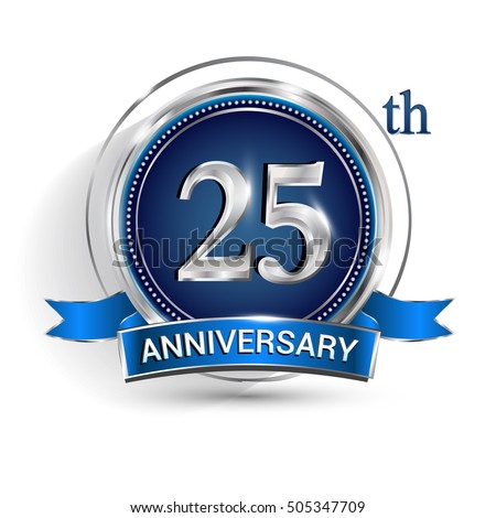 Celebrating 25th anniversary logo, with silver ring and blue ribbon isolated on white background. Celebrating 25th anniversary logo, with silver ring and blue ribbon isolated on white background.