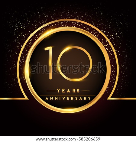 ten years birthday celebration logotype. 10th anniversary logo with confetti and golden ring isolated on black background, vector design for greeting card and invitation card. ten years birthday celebration logotype. 10th anniversary logo with confetti and golden ring isolated on black background, vector design for greeting card and invitation card.
