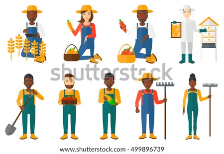 Set of farmers using agricultural tools. Farmer with shovel, rake. Farmer in wheat field working on tablet. Farmer harvesting crop. Beekeeper at apiary.Vector illustration isolated on white background Set of farmers using agricultural tools. Farmer with shovel, rake. Farmer in wheat field working on tablet. Farmer harvesting crop. Beekeeper at apiary.Vector illustration isolated on white background