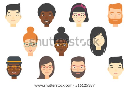 Set of human faces expressing positive emotions. Human faces with wide smiles. Set of cheerful people with happy facial expressions. Vector flat design illustrations isolated on white background. Set of human faces expressing positive emotions. Human faces with wide smiles. Set of cheerful people with happy facial expressions. Vector flat design illustrations isolated on white background.