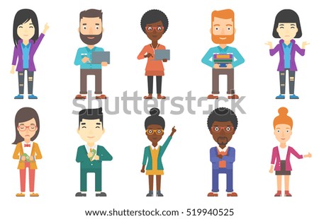 Young businessman working on a loptop. Confident businessman standing with a laptop in hands. Smiling businessman using a loptop. Set of vector flat design illustrations isolated on white background. Young businessman working on a loptop. Confident businessman standing with a laptop in hands. Smiling businessman using a loptop. Set of vector flat design illustrations isolated on white background.