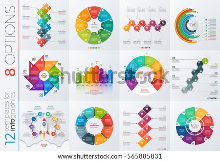 Collection of 12 vector templates for infographics with 8 options for presentations, advertising, layouts, annual reports. Collection of 12 vector templates for infographics with 8 options for presentations, advertising, layouts, annual reports.