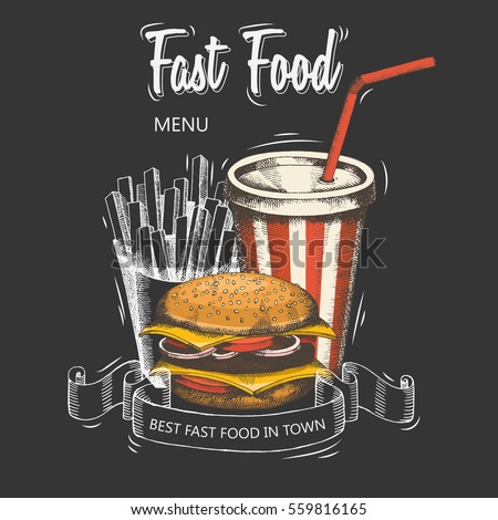 Backgrounds with a hamburger, french fries, and soda hand-drawn. Sketch. Menu for the restaurant or advertising. Vector elements of fast food Backgrounds with a hamburger, french fries, and soda hand-drawn. Sketch. Menu for the restaurant or advertising. Vector elements of fast food