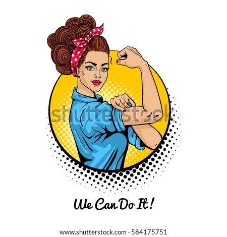 We Can Do It. Pop art sexy strong girl in a circle on white background. Classical american symbol of female power, woman rights, protest, feminism. Vector colorful illustration in retro comic style. We Can Do It. Pop art sexy strong girl in a circle on white background. Classical american symbol of female power, woman rights, protest, feminism. Vector colorful illustration in retro comic style.