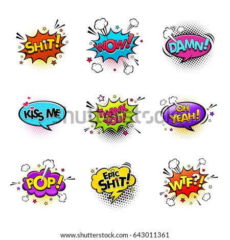 Comic speech bubbles and splashes set with different emotions and text Wow,Shit, Oh Yeah, Damn, Kiss me, Thank you, Epic Shit, Pop, Wtf. Vector bright dynamic cartoon illustrations on white background Comic speech bubbles and splashes set with different emotions and text Wow,Shit, Oh Yeah, Damn, Kiss me, Thank you, Epic Shit, Pop, Wtf. Vector bright dynamic cartoon illustrations on white background