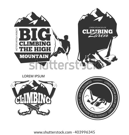 Vintage mountain climbing vector logo and labels set. Sport climbing, emblem climbing, hobby climbing illustration - stock vector Vintage mountain climbing vector logo and labels set. Sport climbing, emblem climbing, hobby climbing illustration - stock vector