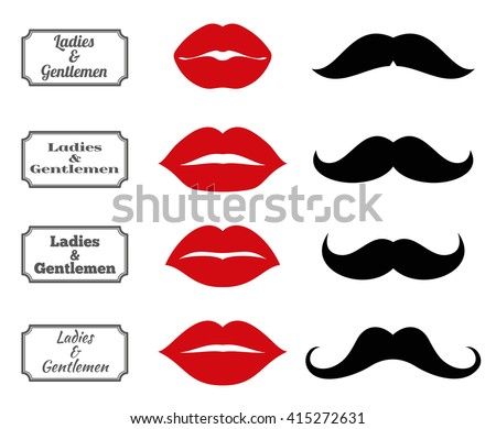Ladies and gentlemen bathroom symbols. Vector lips and moustache icons. Lip and moustache fashion, vintage silhouette lip and moustach, hipster lip and moustach illustration - stock vector Ladies and gentlemen bathroom symbols. Vector lips and moustache icons. Lip and moustache fashion, vintage silhouette lip and moustach, hipster lip and moustach illustration - stock vector