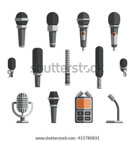 Microphones and dictaphone vector flat icons. Icon microphone, dictaphone electronic and recorder microphone, equipment microphone, device dictaphone, audio technology dictaphone illustration - stock vector Microphones and dictaphone vector flat icons. Icon microphone, dictaphone electronic and recorder microphone, equipment microphone, device dictaphone, audio technology dictaphone illustration - stock vector