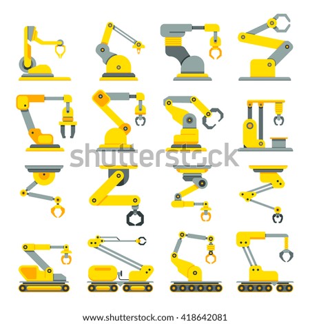 Robotic arm, hand, industrial robot flat vector icons set. Robot industry technology and machine arm robot for manufacture illustration - stock vector Robotic arm, hand, industrial robot flat vector icons set. Robot industry technology and machine arm robot for manufacture illustration - stock vector