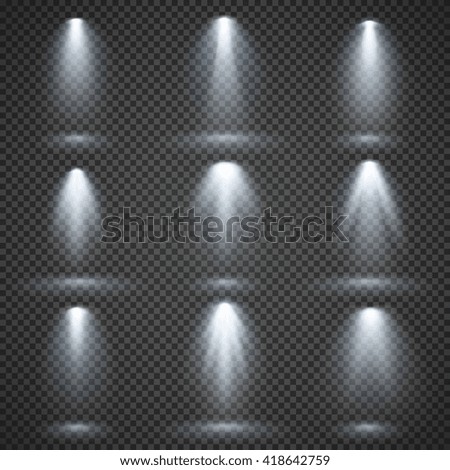 Vector light sources, concert lighting, stage spotlights set. Concert spotlight with beam, illuminated spotlights for web design illustration - stock vector Vector light sources, concert lighting, stage spotlights set. Concert spotlight with beam, illuminated spotlights for web design illustration - stock vector
