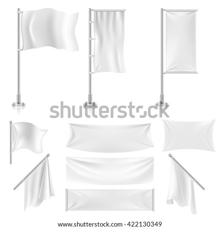 Realistic white advertising textile flags and banners vector set. Advertising flag banner and fabric canvas poster for advertising illustration - stock vector Realistic white advertising textile flags and banners vector set. Advertising flag banner and fabric canvas poster for advertising illustration - stock vector
