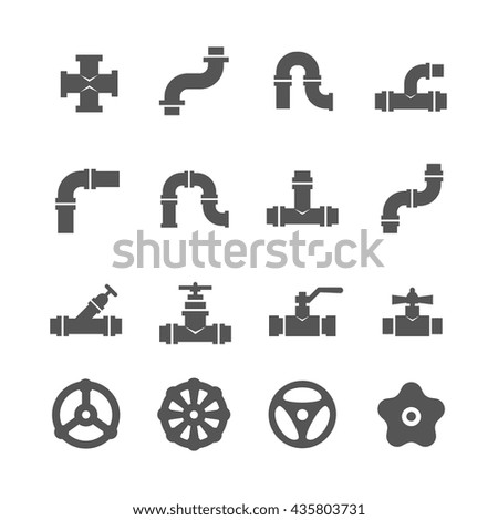 Valve, taps, pipe connectors, pipe details vector icons set. Set of pipe and tube with valve illustration - stock vector Valve, taps, pipe connectors, pipe details vector icons set. Set of pipe and tube with valve illustration - stock vector