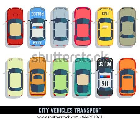 Cars top view vector flat city vehicle transport icons set. Automobile car for transportation, auto car icon illustration - stock vector Cars top view vector flat city vehicle transport icons set. Automobile car for transportation, auto car icon illustration - stock vector