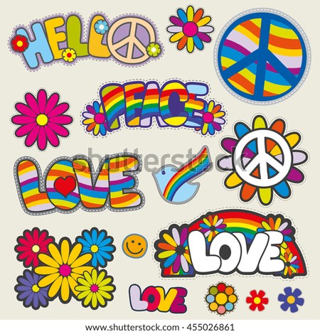 Retro hippie patches vector emblems. Love and peace patches, illustration set of patches for hippie - stock vector Retro hippie patches vector emblems. Love and peace patches, illustration set of patches for hippie - stock vector