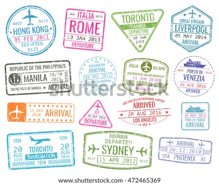 International business travel visa stamps vector arrivals sign. Set of variety rubber stamp city illustration International business travel visa stamps vector arrivals sign. Set of variety rubber stamp city illustration