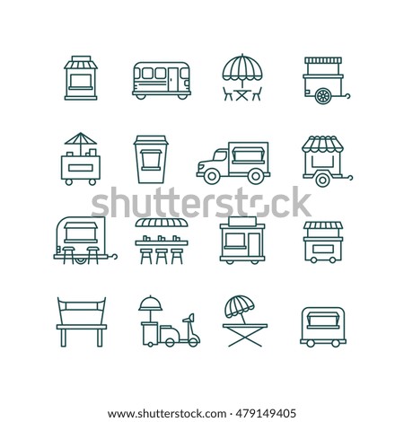Street food retail, food truck line vector icons. Facade mobile cafe and restaurant illustration Street food retail, food truck line vector icons. Facade mobile cafe and restaurant illustration