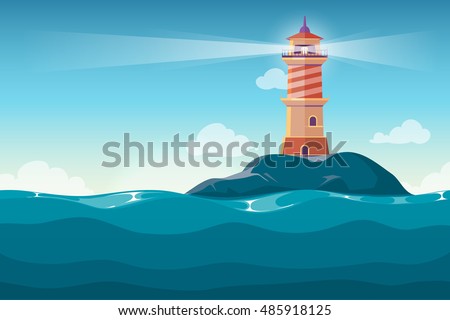 Lighthouse on rock stones island cartoon vector background. Beacon in ocean for navigation illustration Lighthouse on rock stones island cartoon vector background. Beacon in ocean for navigation illustration