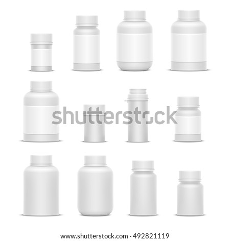 Realistic vector plastic packaging medicine bottles for cosmetics vitamins pills or capsules. Mockup object container for tablet drug illustration Realistic vector plastic packaging medicine bottles for cosmetics vitamins pills or capsules. Mockup object container for tablet drug illustration