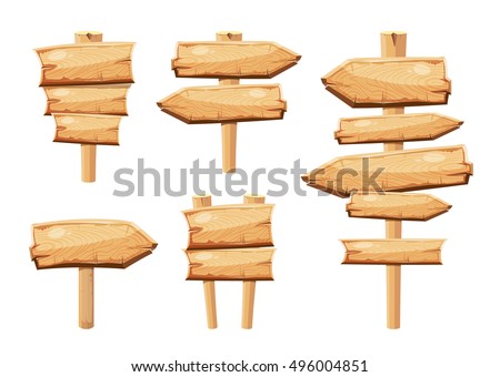 Old wooden blank cartoon sign boards isolated on white vector collection. Board arrow object and wooden plank billboard illustration Old wooden blank cartoon sign boards isolated on white vector collection. Board arrow object and wooden plank billboard illustration