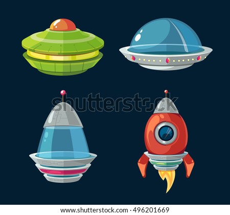 Spaceship and spacecrafts cartoon set for space computer and smartphone game. Ufo and shuttle for space flight and exploration illustration Spaceship and spacecrafts cartoon set for space computer and smartphone game. Ufo and shuttle for space flight and exploration illustration