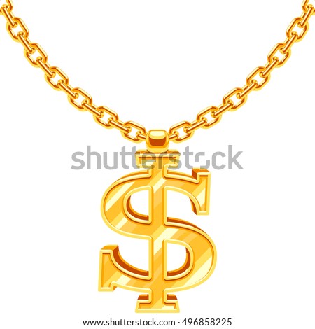 Gold dollar symbol on golden chain vector hip hop rap style necklace. American money and financial luxury illustration Gold dollar symbol on golden chain vector hip hop rap style necklace. American money and financial luxury illustration