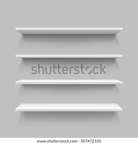 Empty white shop shelf, retail shelves, 3d store wall display vector illustration Empty white shop shelf, retail shelves, 3d store wall display vector illustration