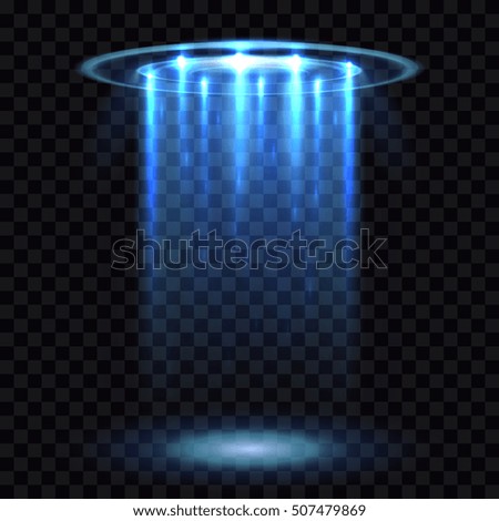 UFO light beam, aliens futuristic spacecraft isolated on transparent checkered background vector illustration. Saucer transport in dark UFO light beam, aliens futuristic spacecraft isolated on transparent checkered background vector illustration. Saucer transport in dark