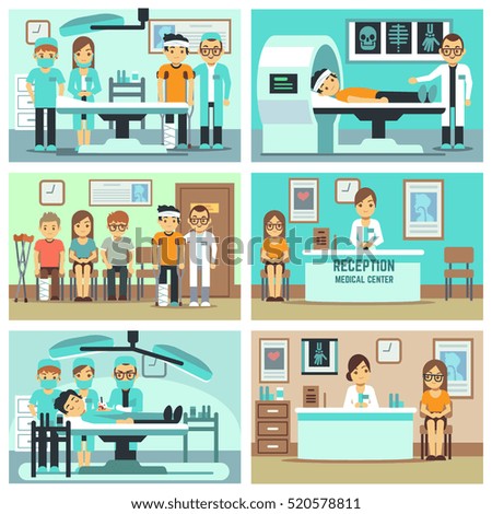 People, patients in hospital, medical staff in office, consultation, treatments and examination vector flat concepts People, patients in hospital, medical staff in office, consultation, treatments and examination vector flat concepts