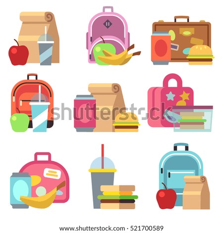 School lunch food boxes and kids bags vector flat icons School lunch food boxes and kids bags vector flat icons