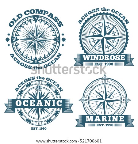 Vintage nautical labels, emblems, logo, badges with compass and ribbons Vintage nautical labels, emblems, logo, badges with compass and ribbons