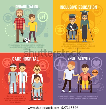 Disabled person care vector flat concepts set. Disabled person care vector flat concepts set.