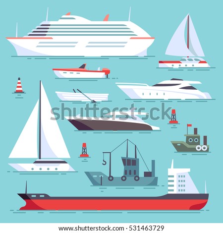 Ships at sea, shipping boats, ocean transport vector icons set Ships at sea, shipping boats, ocean transport vector icons set
