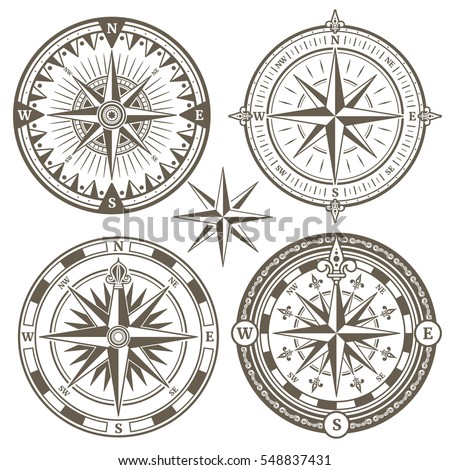 Old sailing marine navigation compass, wind rose vector icons Old sailing marine navigation compass, wind rose vector icons