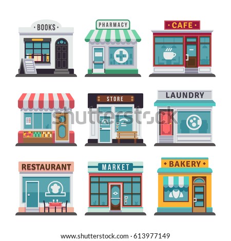 Modern fast food restaurant and shop buildings, store facades, boutiques with showcase flat icons. Exterior market and restaurant, illustration of exterior facade store building Modern fast food restaurant and shop buildings, store facades, boutiques with showcase flat icons. Exterior market and restaurant, illustration of exterior facade store building