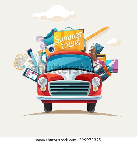 Summer travel illustration with car. - stock vector Summer travel illustration with car. - stock vector