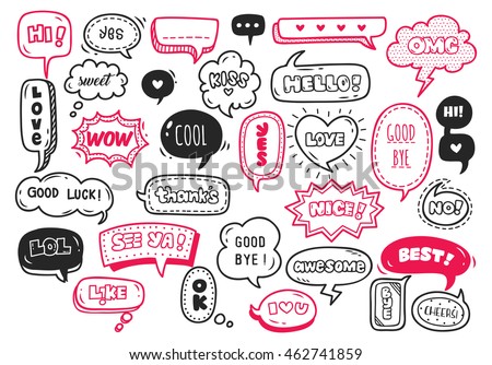 set of cute speech bubble with text in doodle style set of cute speech bubble with text in doodle style