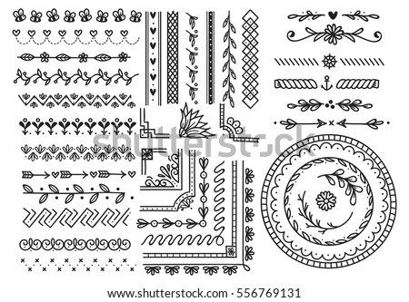 Set of border, brush, frame, page divider in doodle style Set of border, brush, frame, page divider in doodle style